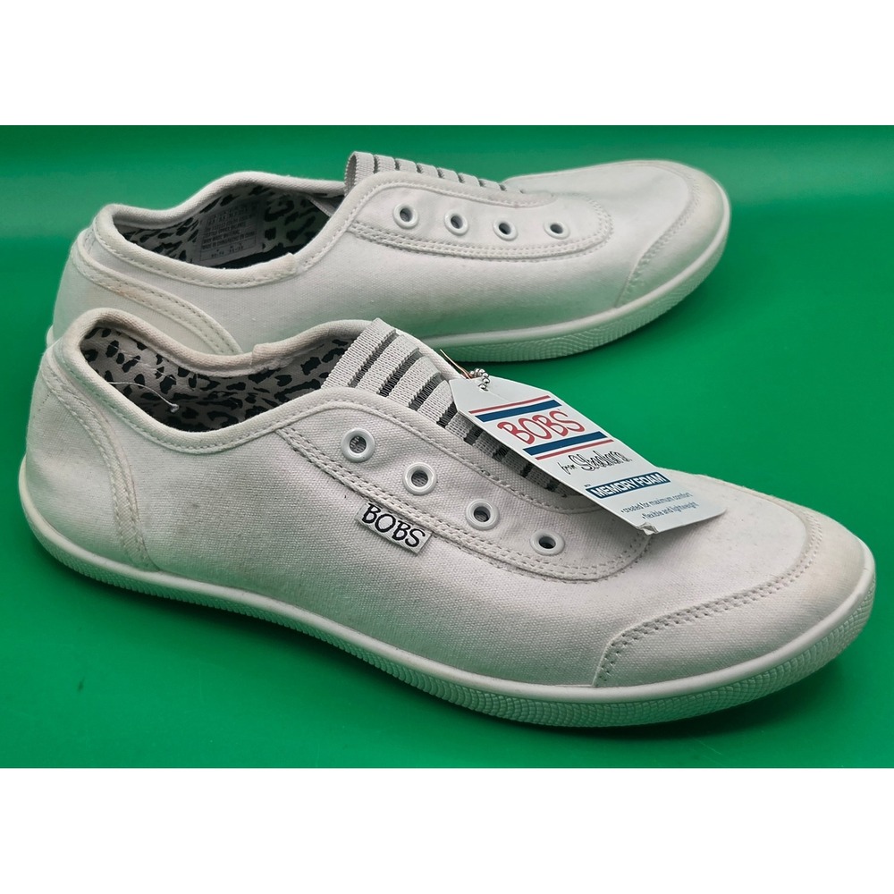 Skechers BOBS B Cute White Canvas Slip On Sneakers Memory Foam 113312 Womens 6.5